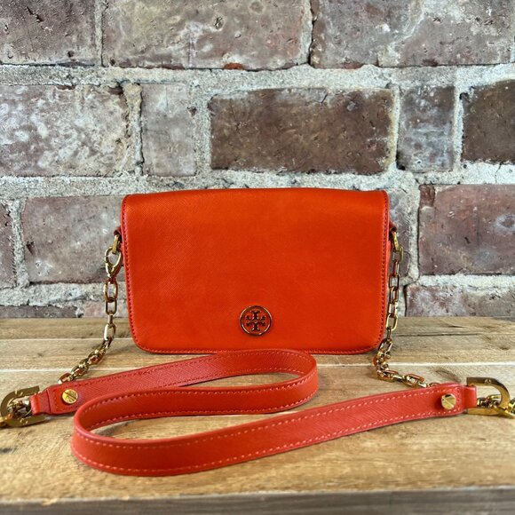 Tory Burch 'Robinson' Tangerine Orange Leather Crossbody w/ Gold Hardware Chain - Picture 2 of 13